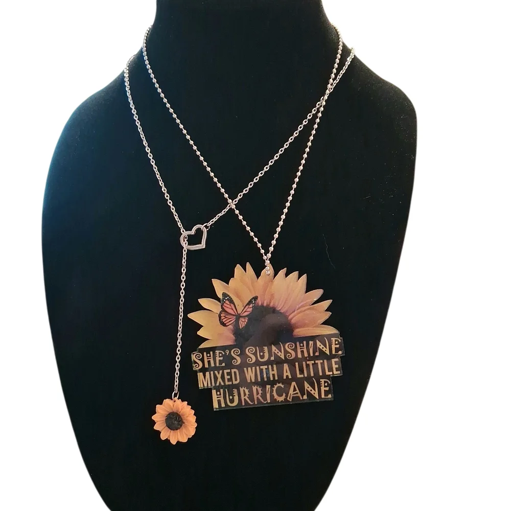 Sunflower Heart Butterfly Pendant Necklace and Car Mirror Decor. Summer Spring